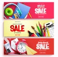 Back to school sale vector banner set. Back to school sale text with educational items in limited time offer discount.