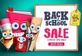 Back to school sale with school vector characters. Education items mascots happy showing whiteboard Royalty Free Stock Photo