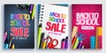 Back to school sale vector poster design set with colorful school supplies, educational items