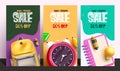 Back to school sale vector poster set design. Back to school special offer text with schoolbag, alarm clock Royalty Free Stock Photo