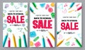 Back to school sale vector poster set design. Back to school sale text with color pencil and doodle elements for limited discount.