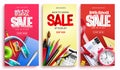 Back to school sale vector poster set. Back to school sale text with educational items price discount in limited time offer.