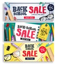 Back to school sale vector web banner set. Sale discount text with colorful items Royalty Free Stock Photo