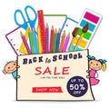 Back to school sale web banner with realistic colorful supplies and cartoon boy and girl children Royalty Free Stock Photo