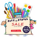 Back to school sale web banner with realistic supplies, doodle boy and girl children isolated on white background Royalty Free Stock Photo