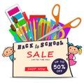 Back to school sale web banner with set realistic supplies and doodle boy and girl children isolated on white background Royalty Free Stock Photo