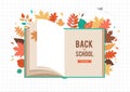 Back to school scene with big book and autumn, fall leaves. College, school and university concept vector illustration Royalty Free Stock Photo