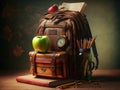 Back to school. A school backpack with two apples on it, textbooks, pencils and a glasses on a wooden surface. Created with