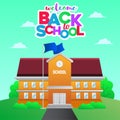 Back to school with school building cartoon style colorful from front view