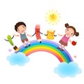 Back to school. School kids over rainbow Royalty Free Stock Photo