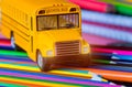 Back to school , school supplies on yellow school bus Royalty Free Stock Photo