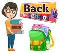 Back to School, Schoolbag and Girl with Books Pile Royalty Free Stock Photo