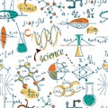 Back to School: science lab objects doodle vintage style sketches seamless pattern, Royalty Free Stock Photo