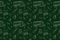 Back to school Seamless pattern with chalk drawing on blackboard. School bus, Ruler, eraser, backpack, sharpener, globe Royalty Free Stock Photo