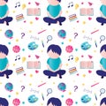 Back to school seamless pattern, education background. Cute schoolboy, stationery and supplies, decorative textur Royalty Free Stock Photo