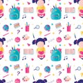 Back to school seamless pattern, education background. Cute schoolgirl with backpack, stationery and supplies Royalty Free Stock Photo