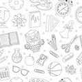Back to school seamless pattern, hand drawing, doodle style. Stationery endless background. Education Line repeating
