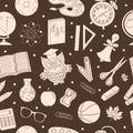 Back to school seamless pattern, hand drawing, doodle style. Stationery endless background. Education Line repeating