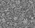 Back to school seamless pattern with hand-drawn doodles. Sketch background element vector illustration. Gray background, white Royalty Free Stock Photo