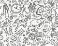 Back to school seamless pattern with hand-drawn doodles. Sketch background element vector illustration. white background, black Royalty Free Stock Photo