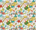 Back to school seamless pattern of kids doodles with bus, books Royalty Free Stock Photo