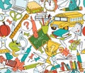 Back to school seamless pattern of kids doodles with bus, books Royalty Free Stock Photo