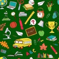 Back to school seamless pattern of kids doodles with bus, books, Royalty Free Stock Photo