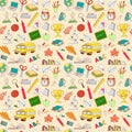 Back to school seamless pattern of kids doodles with bus, books, Royalty Free Stock Photo