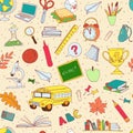 Back to school seamless pattern of kids doodles with bus, books, Royalty Free Stock Photo