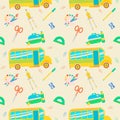 Back to school Seamless pattern with ruler, school bus, compass, scissors, sharpener, lunchbox. Vector flat illustration Royalty Free Stock Photo
