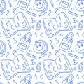 Back to school Seamless vector pattern. Hand drawn blue ballpoint pen illustration for school children. Royalty Free Stock Photo