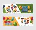 Back to school 1 september banners with boys and girls, baloons, backpack with pens and pencils and books, vector Royalty Free Stock Photo