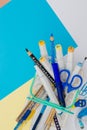 Back to school. Set for school activities. Stationery. Beautiful, creative selection of scissors, pencils, felt-tip pens. Royalty Free Stock Photo