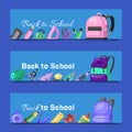 Back to school set of banners. Kids school backpack with education equipment vector illustration. School supplies Royalty Free Stock Photo