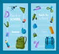 Back to school set of banners. Kids school backpack with education equipment vector illustration. School supplies