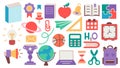 Back to school. A set of flat icons of stationery for studying at school. Collection of isolated education colorful kids