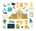 Back to school set of isolated vector illustrations with education icons collection. Schoolhouse and supplies of