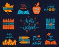 Back to School set of signs on dark background. All labels isolated and layered. Colorful vector kit Royalty Free Stock Photo