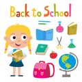 Back to school set with pretty stylish girl stand with book scho