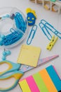 Back to school. Set for school activities. Stationery. Beautiful, creative selection of scissors, pencils, felt-tip pens. Royalty Free Stock Photo