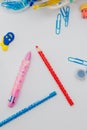 Back to school. Set for school activities. Stationery. Beautiful, creative selection of scissors, pencils, felt-tip pens. Royalty Free Stock Photo