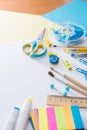 Back to school. Set for school activities. Stationery. Beautiful, creative selection of scissors, pencils, felt-tip pens. Royalty Free Stock Photo