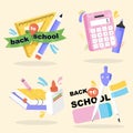 Back to school set with school supplies, education elements. Vector school emblems.