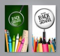 Back to school. A set of vertical banners with realistic study supplies. a concept for education shopping promotion. Royalty Free Stock Photo