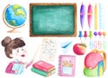 Back to school set Watercolor stationery collection Teacher Globe Blackboard illustration