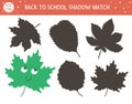 Back to school shadow matching activity for children. School puzzle with cute kawaii leaf. Simple educational game for kids with Royalty Free Stock Photo