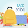 Autumn leaves, school backpack, supplies and sign - Back to school Royalty Free Stock Photo