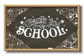 Back to School sign on horizontal chalkboard with doodle stationery and other school subjects