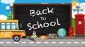 Back to school sign with many school items on the road background Royalty Free Stock Photo