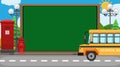 Back to school sign with school bus on the road background Royalty Free Stock Photo